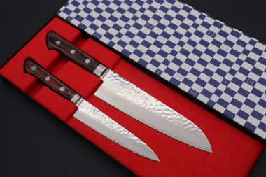 JCK Natures Santoku JCK Natures Gekko Kagami Series VG-10 Tsuchime Damascus Petty 135mm & Santoku 180mm (GK-2Pcs Knife Set, Mahogany Wood Handle)