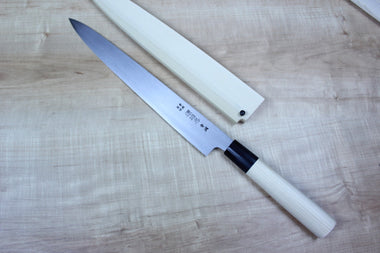 Mizuno Tanrenjo Akitada Hontanren Series Blue Steel No.2 Clad Wa Sujihiki (270mm and 300mm) - japanesechefsknife.mom