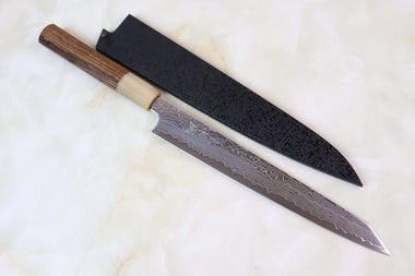 Sukenari Wa Sujihiki SRD-7KBW Kiritsuke-Sujihiki 240mm Sukenari R-2 Damascus SRD-7KB Kiritsuke-Sujihiki 240mm (9.4 inch, Octagon Shaped Bocote Wood Handle with White Color Water Buffalo Horn Ferrule)
