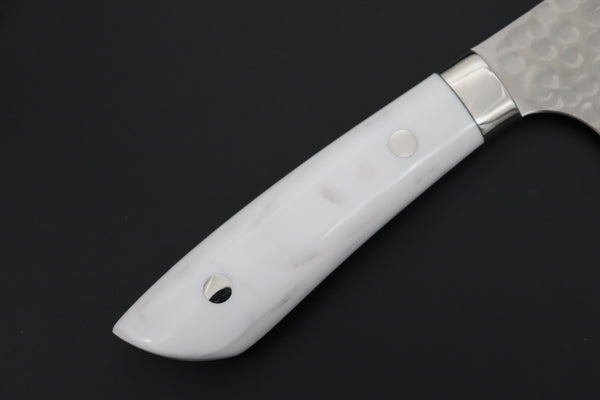 Takeshi Saji SRS-13 Custom Hammered Forged Tsuchime Damascus, Custom Handmade Handle Series TS-14 Bunka 180mm (7 inch, White Corian Handle)