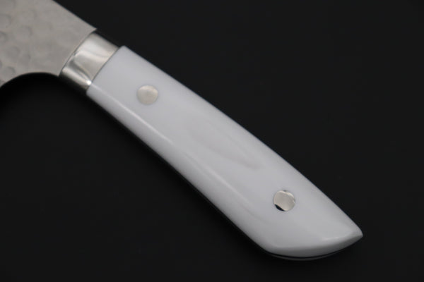 Takeshi Saji SRS-13 Custom Hammered Forged Tsuchime Damascus, Custom Handmade Handle Series TS-14 Bunka 180mm (7 inch, White Corian Handle)