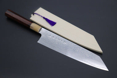 Fu-Rin-Ka-Zan Kiritsuke FRDYP-36 Kiritsuke 240mm (9.4 Inch) Fu-Rin-Ka-Zan YUTAKA 豊佳 Series R-2 Damascus Edition FRDYP-36 Kiritsuke 240mm (9.4 Inch, Octagonal Desert Ironwood Handle with Marble Color Water Buffalo Horn Ferrule)