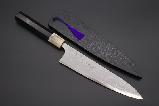 Fu-Rin-Ka-Zan Wa Gyuto FASD-5E Wa Gyuto 210mm(8.2inch) Fu-Rin-Ka-Zan Aogami Super Custom Damascus Series Premium Edition FASD-5E Wa Gyuto 210mm (8.2 Inch, Octagonal Ebonywood Handle with Marble/White Colored Water Buffalo Horn Ferrule)