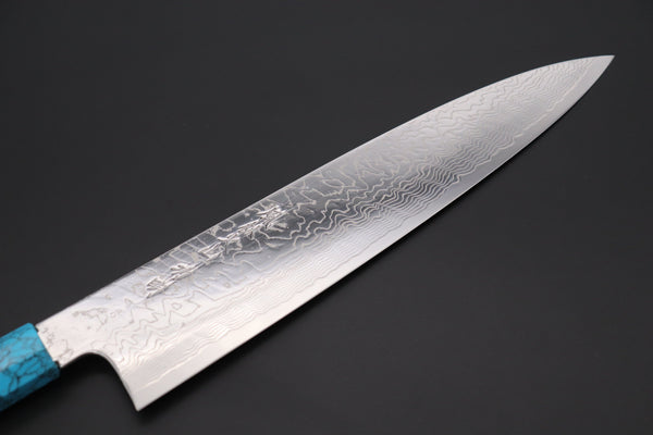 Fu-Rin-Ka-Zan Wa Gyuto FRDYP-43 Wa Gyuto 270mm (10.6 Inch) Fu-Rin-Ka-Zan YUTAKA 豊佳 Series R-2 Damascus Edition FRDYP-43 Wa Gyuto 270mm (10.6 Inch, Octagonal Ebony wood handle with a Turquoise Composite Stone Ferrule & Butt with Nickel Silver Spacers)