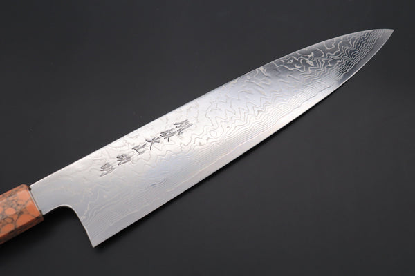 Fu-Rin-Ka-Zan Wa Gyuto FRDYP-9 Wa Gyuto 240mm (9.4 Inch) Fu-Rin-Ka-Zan YUTAKA 豊佳 Series R-2 Damascus Edition FRDYP-9 Wa Gyuto 240mm (9.4 Inch, Octagonal Desert Ironwood Handle with Soft Pink Turquoise Composite Stone Ferrule & Butt)