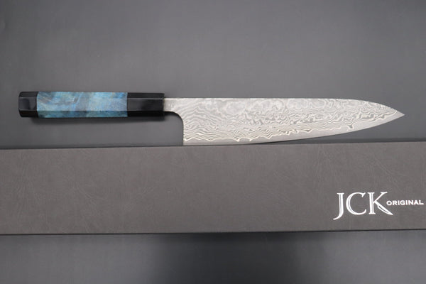Fu-Rin-Ka-Zan Wa Gyuto FRYP-32 Wa Gyuto210mm (8.2 inch) Fu-Rin-Ka-Zan YUTAKA 豊佳 Series R-2 Damascus Edition FRYP-36 Wa Gyuto 210mm (8.2 inch, Ocean Blue Color Stabilized Maple Burl Wood Handle)