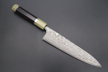 Fu-Rin-Ka-Zan Wa Gyuto FRYP-41 Wa Gyuto210mm (8.2 inch) Fu-Rin-Ka-Zan YUTAKA 豊佳 Series R-2 Damascus Edition FRYP-41 Wa Gyuto 210mm (8.2 inch, Octagon Shaped Ebonywood Handle with Fancy Green Composite Stone Ferrule & Butt)