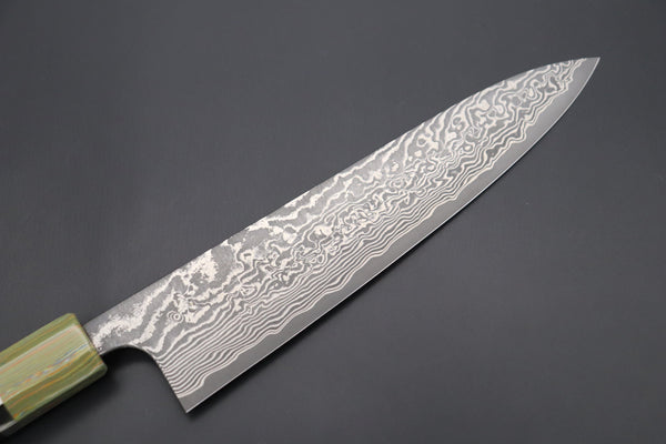 Fu-Rin-Ka-Zan Wa Gyuto FRYP-41 Wa Gyuto210mm (8.2 inch) Fu-Rin-Ka-Zan YUTAKA 豊佳 Series R-2 Damascus Edition FRYP-41 Wa Gyuto 210mm (8.2 inch, Octagon Shaped Ebonywood Handle with Fancy Green Composite Stone Ferrule & Butt)