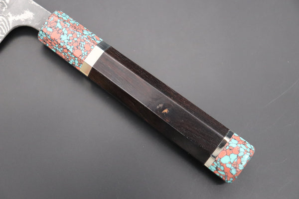 Fu-Rin-Ka-Zan Wa Gyuto FRYP-44 Wa Gyuto240mm (9.4 inch) Fu-Rin-Ka-Zan YUTAKA 豊佳 Series R-2 Damascus Edition FRYP-44 Wa Gyuto 240mm (9.4 inch, Octagon Shaped Ebonywood Handle with Fancy Green & Pink Turquoise Composite Stone Ferrule & Butt)