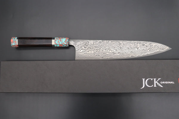Fu-Rin-Ka-Zan Wa Gyuto FRYP-44 Wa Gyuto240mm (9.4 inch) Fu-Rin-Ka-Zan YUTAKA 豊佳 Series R-2 Damascus Edition FRYP-44 Wa Gyuto 240mm (9.4 inch, Octagon Shaped Ebonywood Handle with Fancy Green & Pink Turquoise Composite Stone Ferrule & Butt)