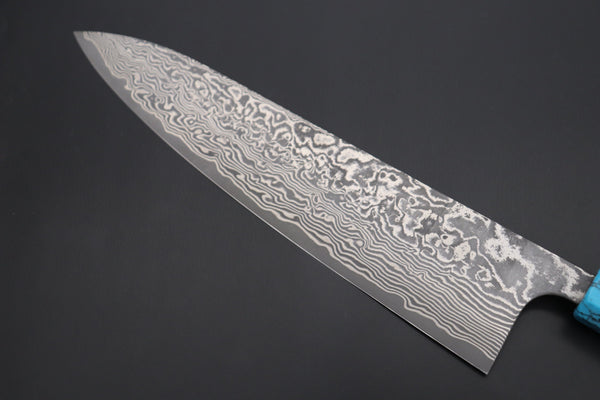 Fu-Rin-Ka-Zan Wa Gyuto FRYP-45 Wa Gyuto240mm (9.4 inch) Fu-Rin-Ka-Zan YUTAKA 豊佳 Series R-2 Damascus Edition FRYP-45 Wa Gyuto 240mm (9.4 inch, Octagon Shaped Ebonywood Handle with Turquoise Composite Stone Ferrule & Butt)