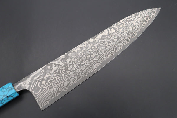 Fu-Rin-Ka-Zan Wa Gyuto FRYP-45 Wa Gyuto240mm (9.4 inch) Fu-Rin-Ka-Zan YUTAKA 豊佳 Series R-2 Damascus Edition FRYP-45 Wa Gyuto 240mm (9.4 inch, Octagon Shaped Ebonywood Handle with Turquoise Composite Stone Ferrule & Butt)