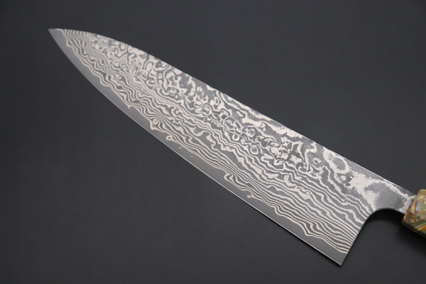 Fu-Rin-Ka-Zan Wa Gyuto FRYP-46 Wa Gyuto240mm (9.4 inch) Fu-Rin-Ka-Zan YUTAKA 豊佳 Series R-2 Damascus Edition FRYP-46 Wa Gyuto 240mm (9.4 inch, Octagon Shaped Ebonywood Handle with Fancy Green Composite Stone Ferrule & Butt)