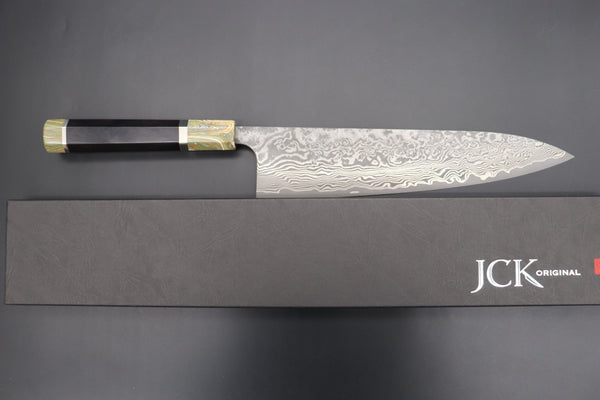 Fu-Rin-Ka-Zan Wa Gyuto FRYP-46 Wa Gyuto240mm (9.4 inch) Fu-Rin-Ka-Zan YUTAKA 豊佳 Series R-2 Damascus Edition FRYP-46 Wa Gyuto 240mm (9.4 inch, Octagon Shaped Ebonywood Handle with Fancy Green Composite Stone Ferrule & Butt)