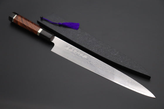 Fu-Rin-Ka-Zan Wa Sujihiki FRDYP-62 Wa Sujihiki 240mm (9.4 Inch) Fu-Rin-Ka-Zan YUTAKA 豊佳 Series R-2 Damascus Edition FRDYP-62 Wa Sujihiki 270mm (10.6 Inch, Octagonal Desert Ironwood Handle with Nickel Silver Spacers and a Black-Golden-Color Turquoise Gem Composite Stone Ferrule & Butt)