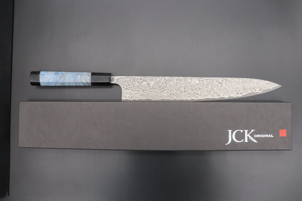 Fu-Rin-Ka-Zan Wa Sujihiki FRYP-47 Wa Sujihiki 270mm (10.6 inch) Fu-Rin-Ka-Zan YUTAKA 豊佳 Series R-2 Damascus Edition FRYP-47 Wa Sujihiki 270mm (10.6 inch, Ocean Blue Color Stabilized Maple Burl Wood Handle)