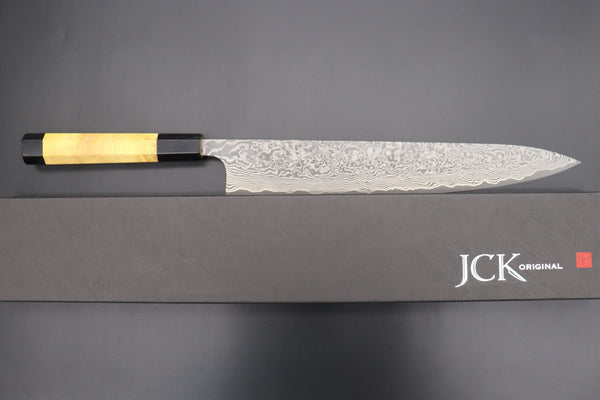 Fu-Rin-Ka-Zan Wa Sujihiki FRYP-50 Wa Sujihiki 270mm (10.6 inch) Fu-Rin-Ka-Zan YUTAKA 豊佳 Series R-2 Damascus Edition FRYP-50 Wa Sujihiki 270mm (10.6 inch, Sunny Yellow Color Stabilized Maple Burl Wood Handle)