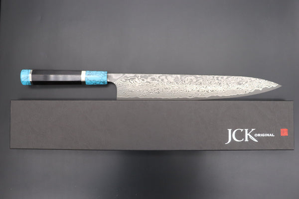 Fu-Rin-Ka-Zan Wa Sujihiki FRYP-51 Wa Sujihiki 270mm (10.6 inch) Fu-Rin-Ka-Zan YUTAKA 豊佳 Series R-2 Damascus Edition FRYP-51 Wa Sujihiki 270mm (10.6 inch, Octagon Shaped Ebonywood Handle with Turquoise Composite Stone Ferrule & Butt)