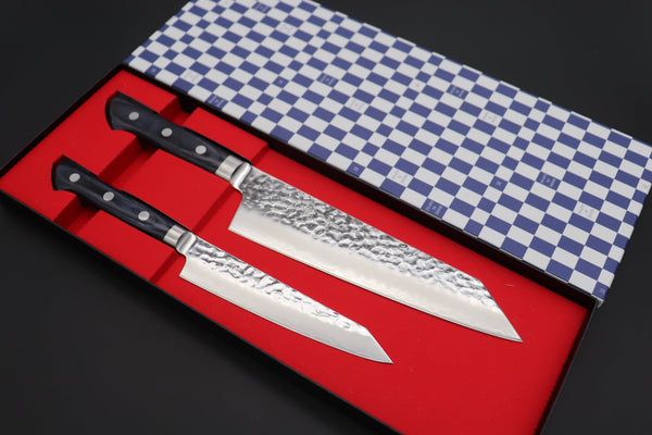 JCK Natures Bunka JCK Natures 青雲 Blue Clouds Series AUS-10 Tsuchime Hammered Kiritsuke Petty & Bunka (Kiritsuke) (BCP-2Pcs Knife Set, Royal Blue-Purple Pakka Wood Handle)