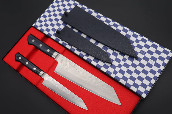 JCK Natures Bunka With Blue Lacquered Wooden Saya JCK Natures 青雲 Blue Clouds Series Blue Steel No.2 Nashiji Kiritsuke Petty & Bunka (Kiritsuke, Royal Blue-Purple Pakka Wood Handle) (BCBP-2Pcs Knife Set)