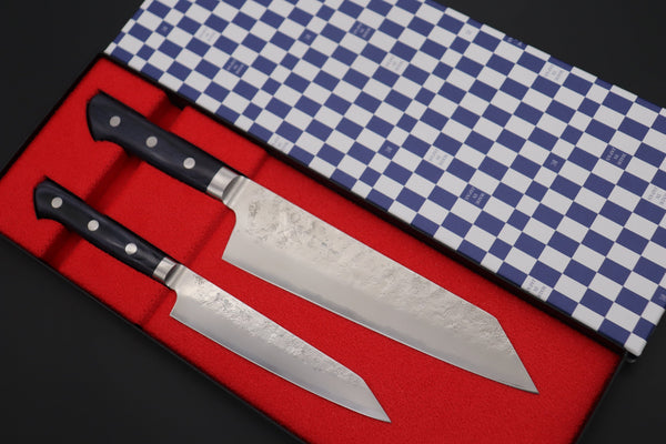 JCK Natures Bunka Without Blue Lacquered Wooden Sayas JCK Natures 青雲 Blue Clouds Series Blue Steel No.2 Nashiji Kiritsuke Petty & Bunka (Kiritsuke, Royal Blue-Purple Pakka Wood Handle) (BCBP-2Pcs Knife Set)