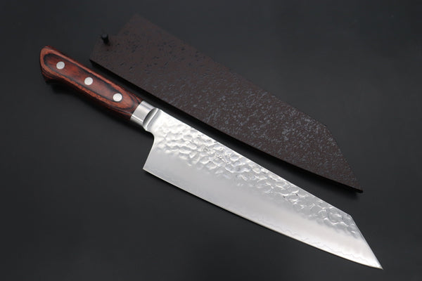 JCK Natures Bunka With Brown Wooden Saya +$26 JCK Natures 金雲 Golden Clouds Series GC-2 AUS10 Tsuchime Hammered Bunka (Kiritsuke) 190mm (7.4 inch, Golden-brown Color of the Mahogany Pakka wood Handle)