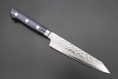 JCK Natures Petty Without Blue Wooden Saya JCK Natures 青雲 Blue Clouds Series BCP-1 AUS-10 Tsuchime Hammered Kiritsuke (Bunka) Petty 140mm (5.5 inch, Royal Blue-Purple Pakka Wood Handle)