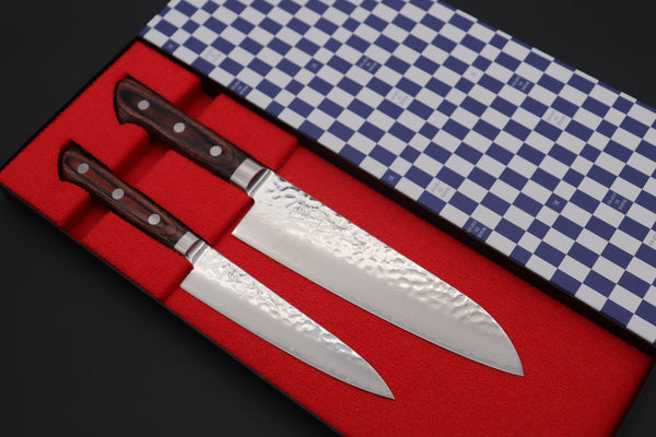JCK Natures Santoku JCK Natures Gekko Kagami Series VG-10 Tsuchime Damascus Petty 135mm & Santoku 180mm (GK-2Pcs Knife Set, Mahogany Wood Handle)