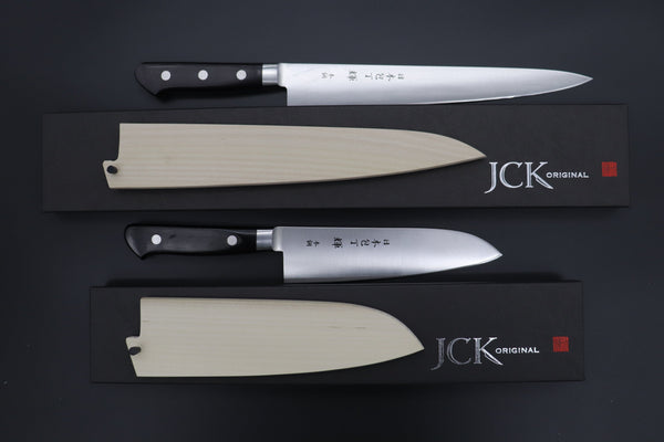 Kagayaki Santoku ES (Extra Sharpness) / Right Handed "Very Carbon Steel Lover 2Pcs Knife Set Part 2" JCK Original Kagayaki CarboNext Series KC-3ES Santoku 180mm & KC-8ES Sujihiki 240mm (Each knife comes with Wooden Saya. with Tsubaki Oil)
