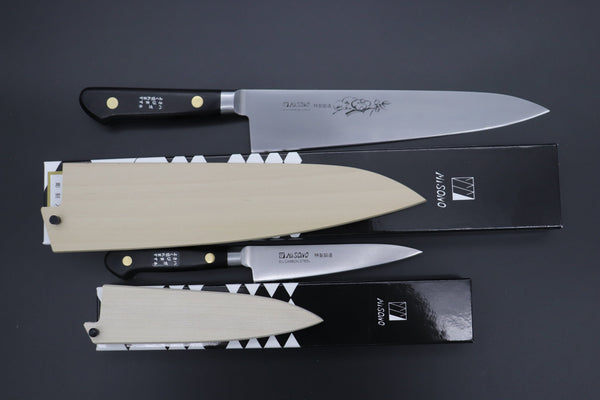 Misono Paring Misono Final Discount !! "Carbon Steel Lover 2Pcs Set Part 2" Sweden Steel Series No.131 Petty 120mm (4.7 inch) and No.112 Gyuto 210mm (8.2 Inch) (comes with Magnolia Wooden Sayas + Tsubaki Oil)