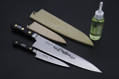 Misono Petty Misono Final Discount !! "Carbon Steel Lover 2Pcs Set Part 3" Sweden Steel Series No.131 Petty 120mm (4.7 inch) and No.113 Gyuto 240mm (9.4 Inch) (comes with Magnolia Wooden Sayas + Tsubaki Oil)