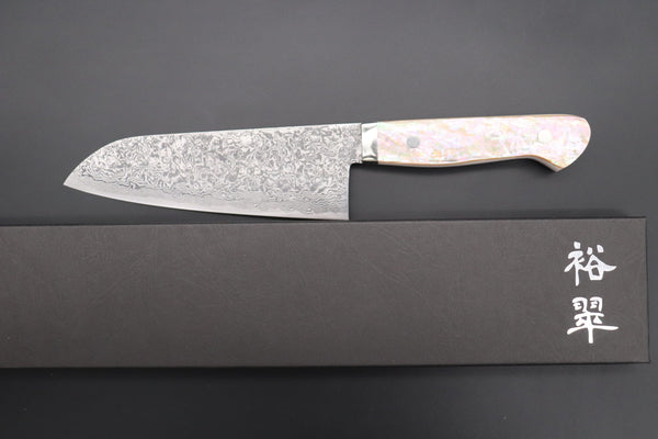 Mr. Itou Santoku Mr. Itou R-2 Custom Damascus Santoku 155mm (6.1 inch) "White Abalone Handle" (IT-223)