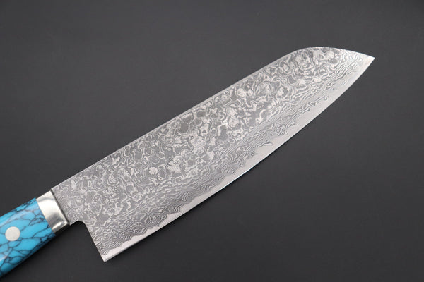 Mr. Itou Santoku Mr. Itou R-2 Custom Damascus Santoku 180mm (7 inch) "Turquoise Gem-Composite Stone Handle" (IT-225)