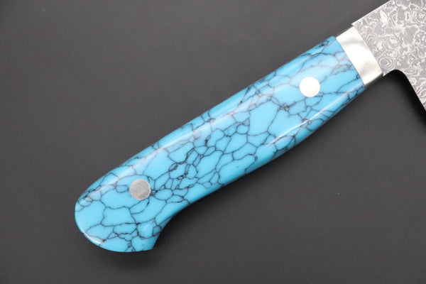 Mr. Itou Santoku Mr. Itou R-2 Custom Damascus Santoku 180mm (7 inch) "Turquoise Gem-Composite Stone Handle" (IT-225)