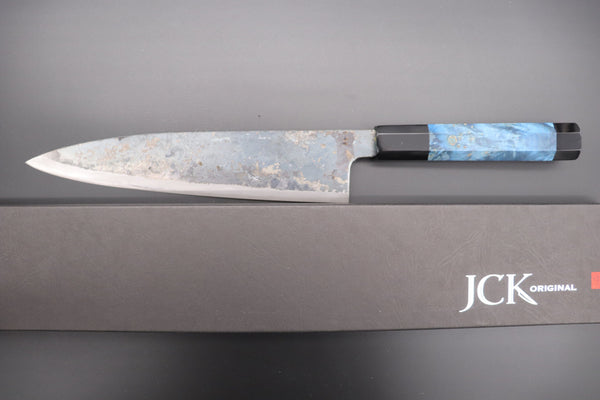 Shirou-Kunimitsu Wa Gyuto Shirou-Kunimitsu White Steel No.2 Kurouchi Series Special Edition SK-5SP24 Wa Gyuto 210mm (8.2 Inch, Ocean Blue Color Stabilized Maple Burl Wood Handle)