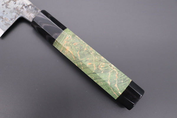 Shirou-Kunimitsu Wa Gyuto Shirou-Kunimitsu White Steel No.2 Kurouchi Series Special Edition SK-6SP18 Wa Gyuto 240mm (9.4 Inch, Forrest Green Color Stabilized Maple Burl Wood Handle)