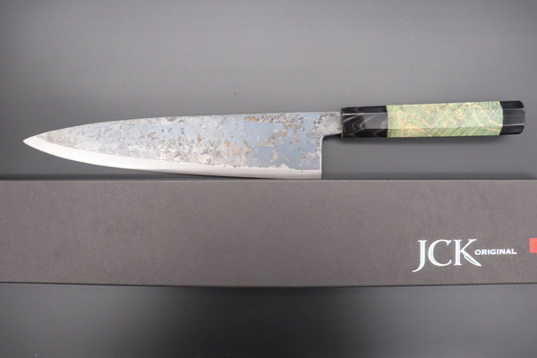 Shirou-Kunimitsu Wa Gyuto Shirou-Kunimitsu White Steel No.2 Kurouchi Series Special Edition SK-6SP18 Wa Gyuto 240mm (9.4 Inch, Forrest Green Color Stabilized Maple Burl Wood Handle)