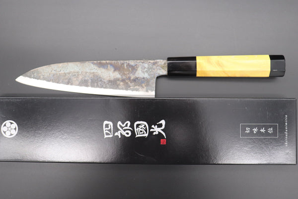 Shirou-Kunimitsu Wa Santoku Shirou-Kunimitsu White Steel No.2 Kurouchi Series Special Edition SK-2SP25 Wa Santoku 180mm (7 Inch, Sunny Yellow Color Stabilized Maple Burl Wood Handle)