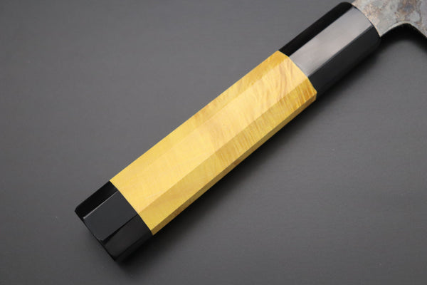 Shirou-Kunimitsu Wa Santoku Shirou-Kunimitsu White Steel No.2 Kurouchi Series Special Edition SK-2SP25 Wa Santoku 180mm (7 Inch, Sunny Yellow Color Stabilized Maple Burl Wood Handle)