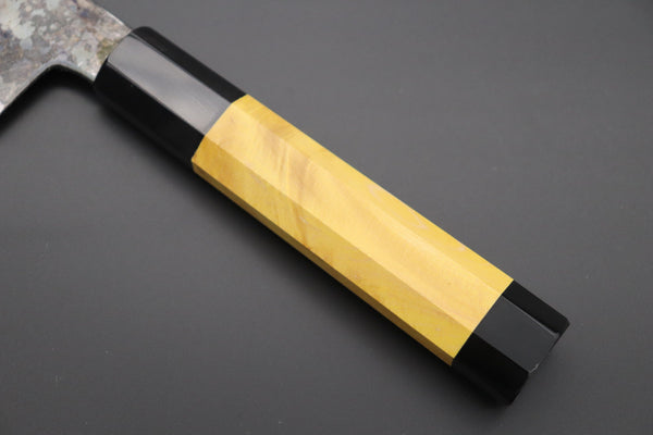 Shirou-Kunimitsu Wa Santoku Shirou-Kunimitsu White Steel No.2 Kurouchi Series Special Edition SK-2SP25 Wa Santoku 180mm (7 Inch, Sunny Yellow Color Stabilized Maple Burl Wood Handle)