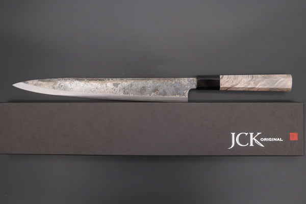 Shirou-Kunimitsu Wa Sujihiki Shirou-Kunimitsu White Steel No.2 Kurouchi Series Special Edition SK-7SP6 Wa Sujihiki 270mm (10.6 Inch, Dark Gray Color Stabilized Maple Burl Wood Handle)