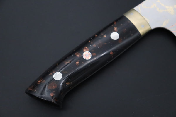 Takeshi Saji Bunka Bunka 180mm Takeshi Saji Blue Steel No.2 Rainbow Damascus Series TS-3 Bunka 180mm (7 Inch, Black and Copper Texture Dupont Corian Handle)