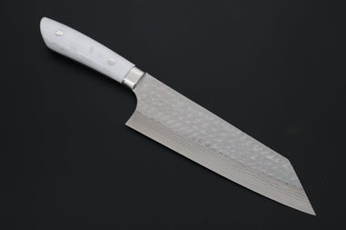 Takeshi Saji Bunka Takeshi Saji SRS-13 Custom Hammered Forged Tsuchime Damascus, Custom Handmade Handle Series TS-14 Bunka 180mm (7 inch, White Corian Handle)