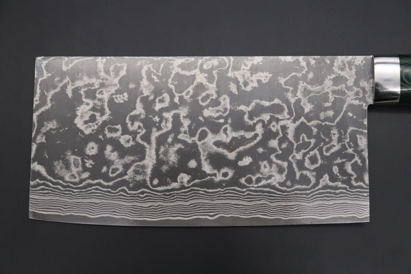 Takeshi Saji Chinese Cleaver Takeshi Saji R-2 Custom Damascus Chinese Cleaver (Green Linen Micarta Handle)