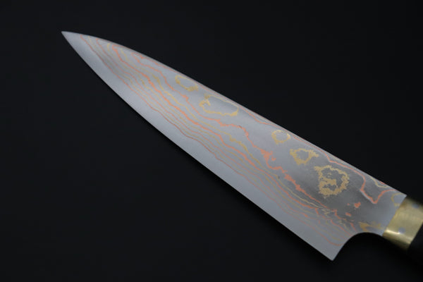 Takeshi Saji Gyuto Gyuto 180mm Takeshi Saji Blue Steel No.2 Rainbow Damascus Series TS-4 Gyuto 180mm (7 Inch, Black and Copper Texture Dupont Corian Handle)