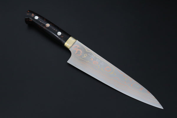 Takeshi Saji Gyuto Gyuto 180mm Takeshi Saji Blue Steel No.2 Rainbow Damascus Series TS-4 Gyuto 180mm (7 Inch, Black and Copper Texture Dupont Corian Handle)