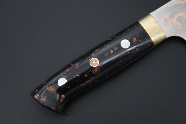 Takeshi Saji Gyuto Gyuto 180mm Takeshi Saji Blue Steel No.2 Rainbow Damascus Series TS-4 Gyuto 180mm (7 Inch, Black and Copper Texture Dupont Corian Handle)