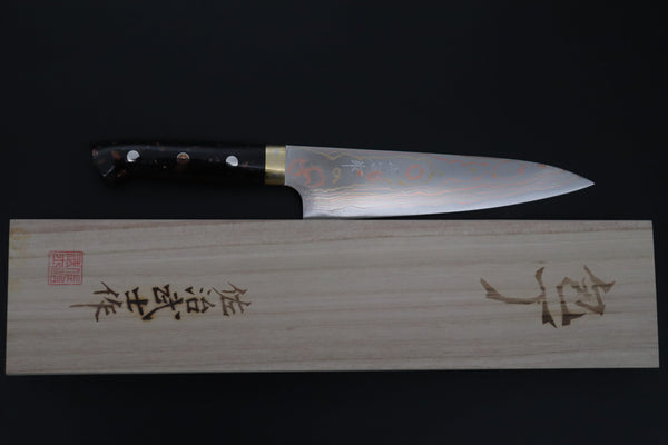 Takeshi Saji Gyuto Gyuto 180mm Takeshi Saji Blue Steel No.2 Rainbow Damascus Series TS-4 Gyuto 180mm (7 Inch, Black and Copper Texture Dupont Corian Handle)