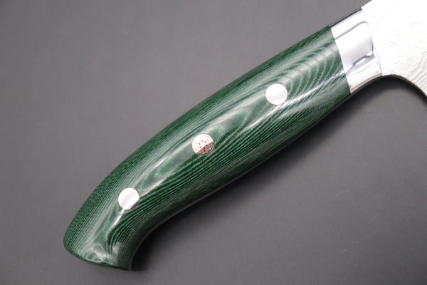 Takeshi Saji Gyuto Takeshi Saji R-2 Custom Diamond Damascus Wild Series New Design Gyuto (210mm and 240mm, Green/Black Linen Micarta Handle)