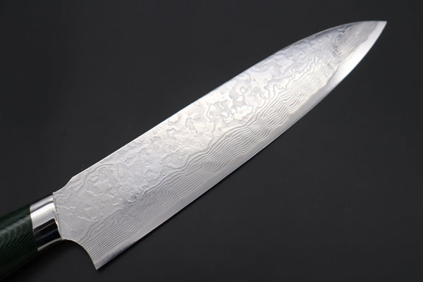 Takeshi Saji Gyuto Takeshi Saji R-2 Custom Diamond Damascus Wild Series New Design Gyuto (210mm and 240mm, Green/Black Linen Micarta Handle)